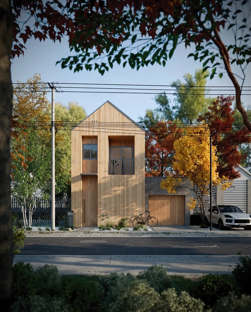 Narrow gabled house clad by Nano Banana 2.1 in vertical timber taken from a second reference photo of a cladding sample