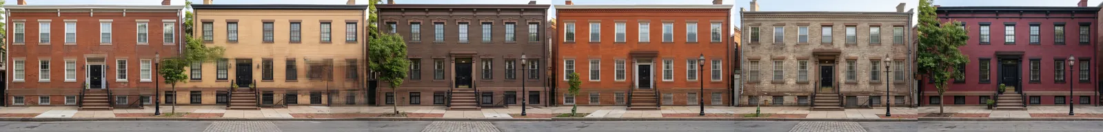 Ultra-wide 8 to 1 street elevation rendered by Nano Banana 2.1 of six narrow three story townhouses in different brick colors with black doors and stoops