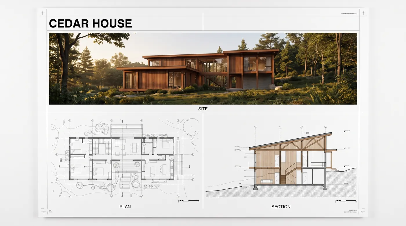 Architecture competition board generated by Nano Banana 2.1 with the title CEDAR HOUSE, a large exterior render, a floor plan and a section labeled SITE, PLAN and SECTION