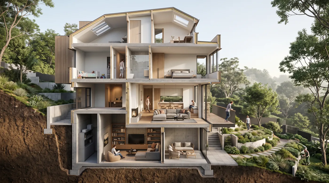 Section perspective rendered by Nano Banana 2.1 through a three story house on a sloping site with a basement, furnished rooms, people and a garden