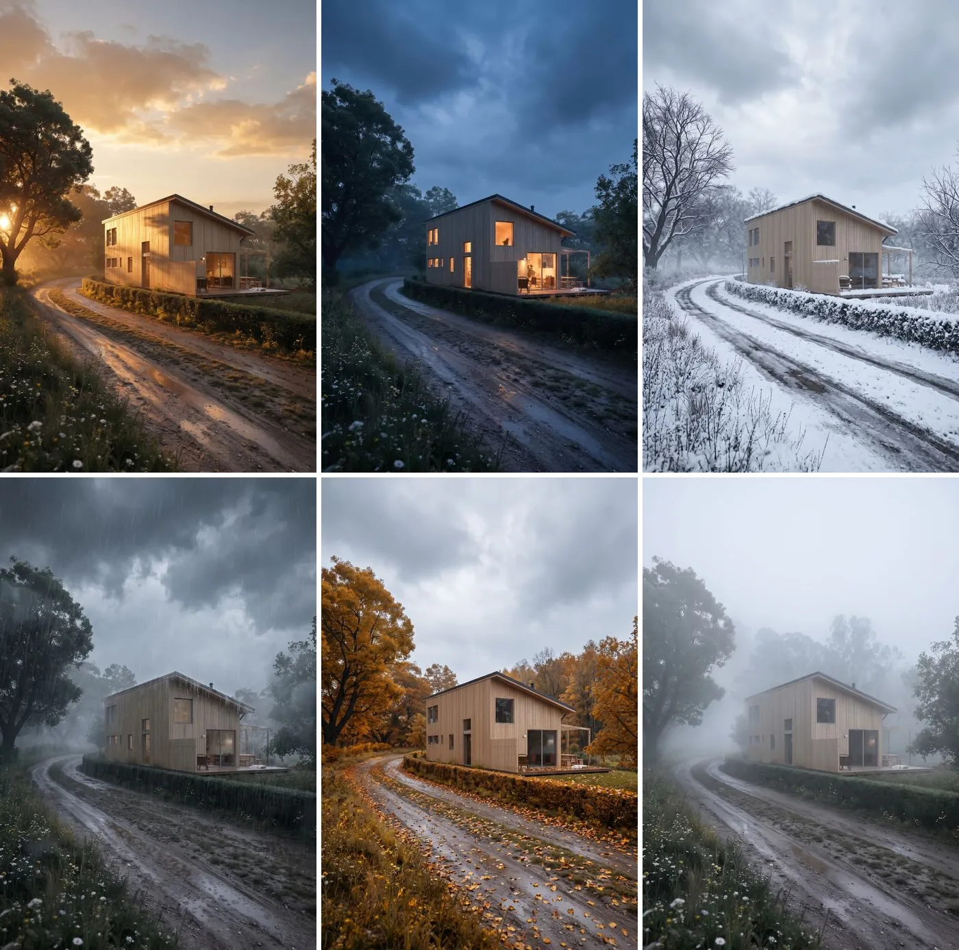 The same timber house rendered by Nano Banana 2.1 at golden hour, at blue hour with lit windows, in snow, in heavy rain, in autumn and in morning fog