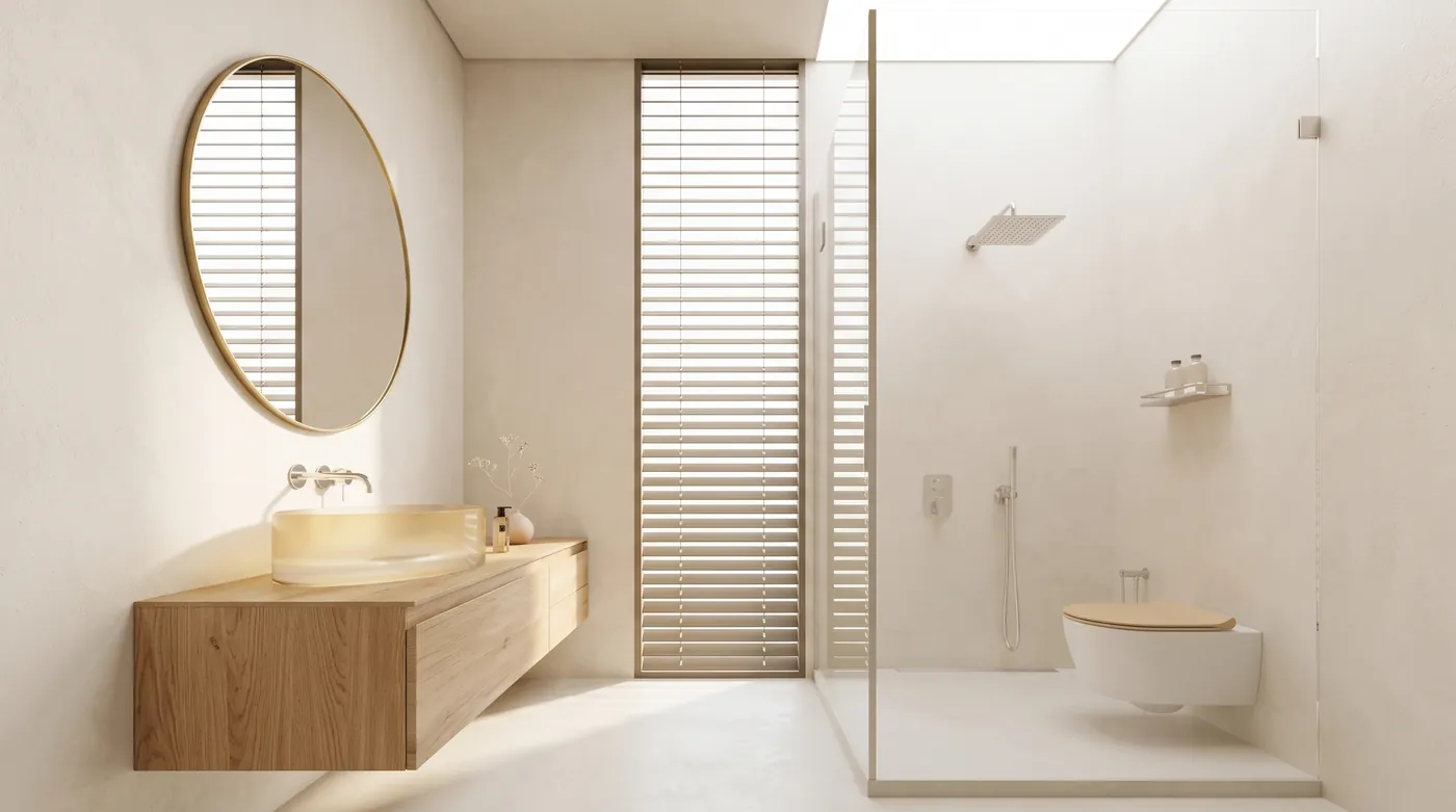 Bathroom brightened by Nano Banana 2.1 with warm white microcement walls, a light oak vanity, a round brass-framed mirror, a walk-in shower and the original window blinds