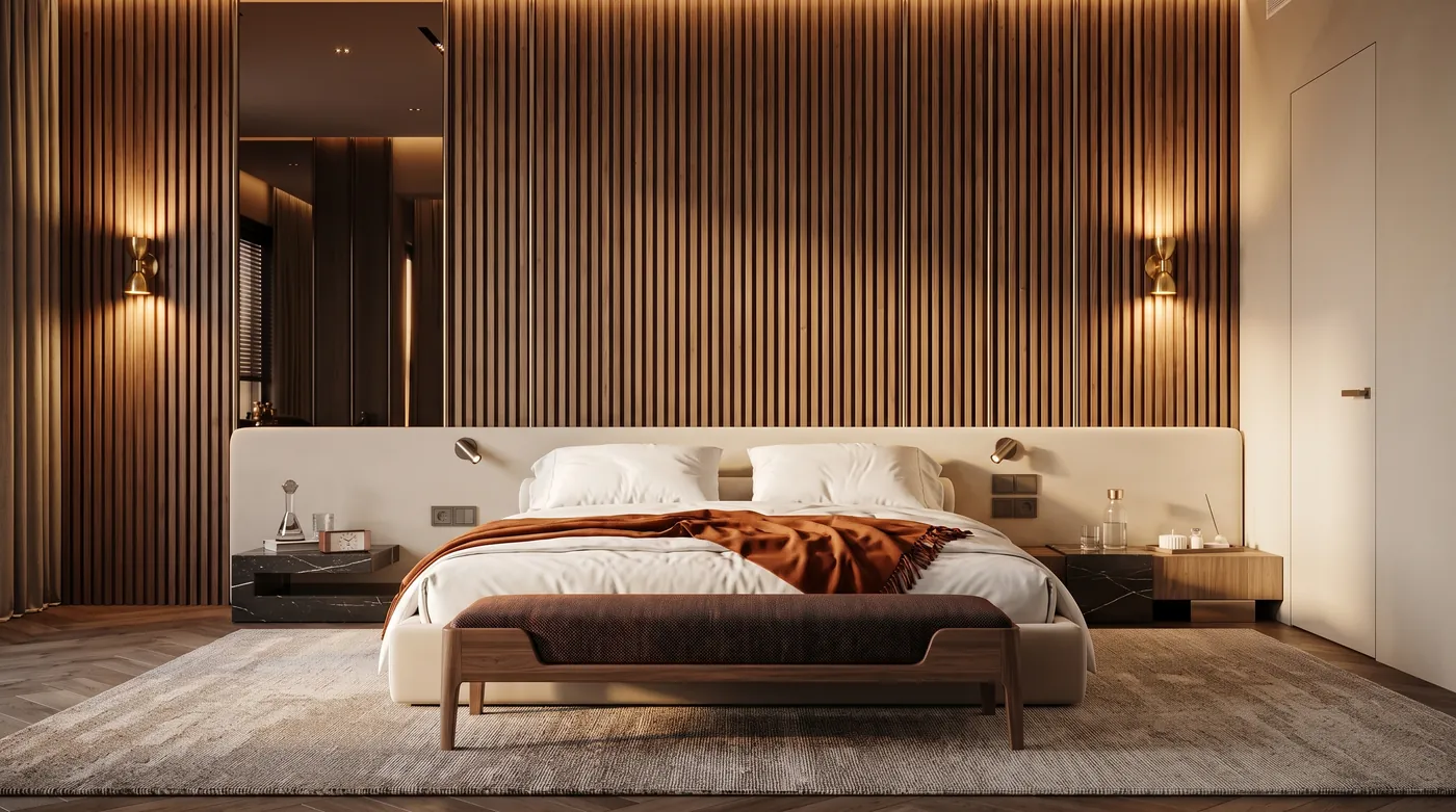 Boutique hotel style bedroom rendered by Nano Banana 2.1 with a walnut slatted headboard wall, white bedding with a rust throw, two brass wall sconces and a bench at the foot of the bed