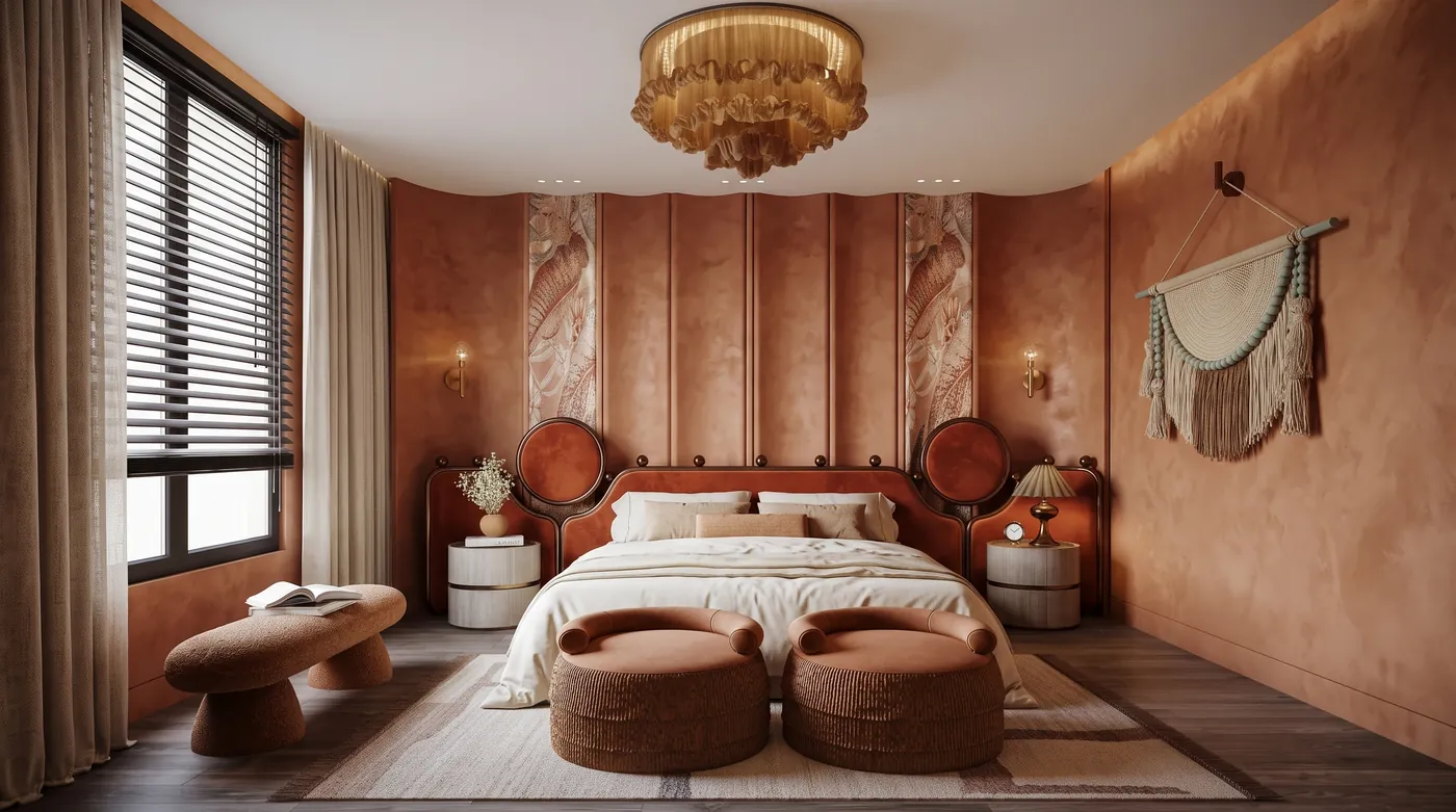 Bedroom recolored by Nano Banana 2.1 with terracotta limewash walls, a rust velvet headboard, cream bedding and natural linen curtains, with the original furniture and ceiling light unchanged