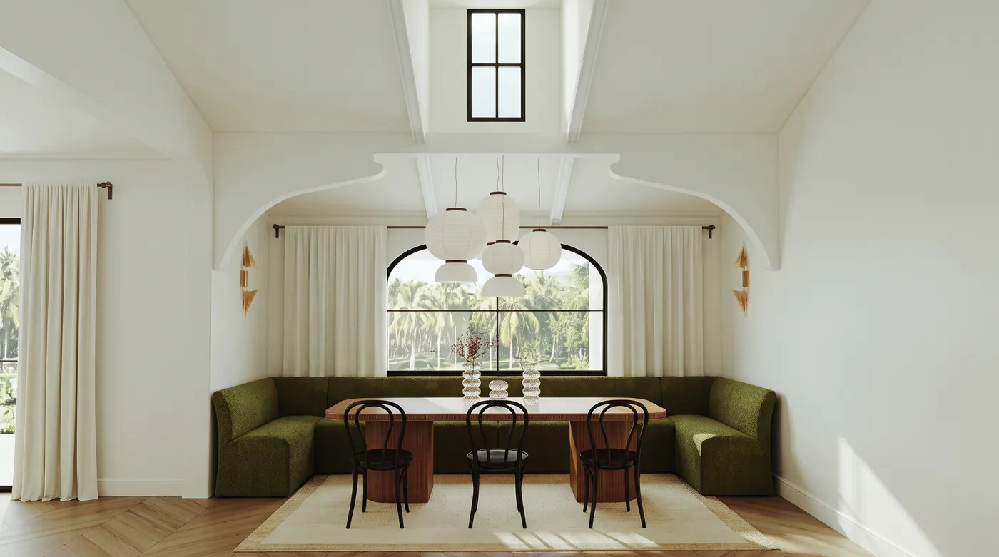 Dining nook edited by Nano Banana 2.1 with an olive bouclé banquette, black bentwood chairs and a cluster of white paper globe pendants under an arched window and vaulted ceiling
