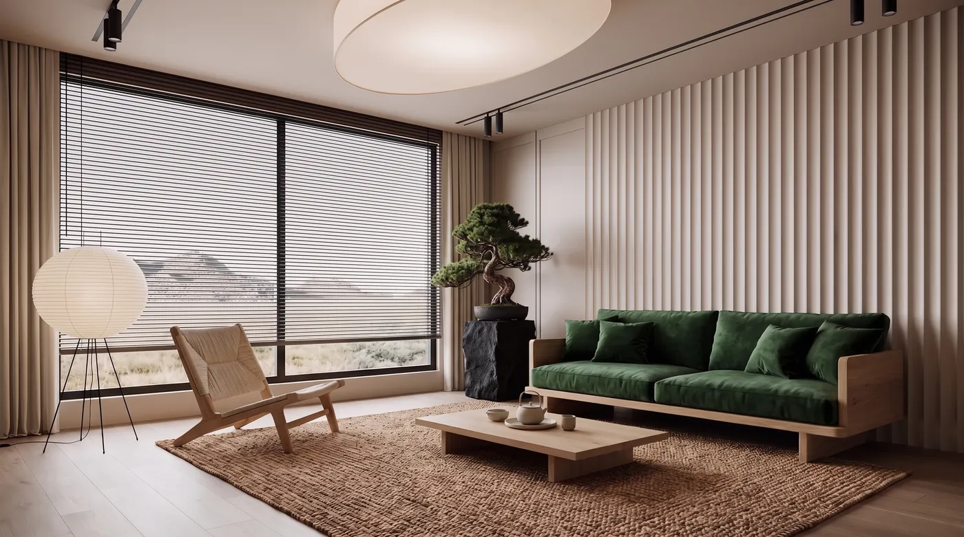 The Japandi living room from prompt 1 edited by Nano Banana 2.1 so that only the sofa upholstery is deep forest green velvet, with every other object unchanged
