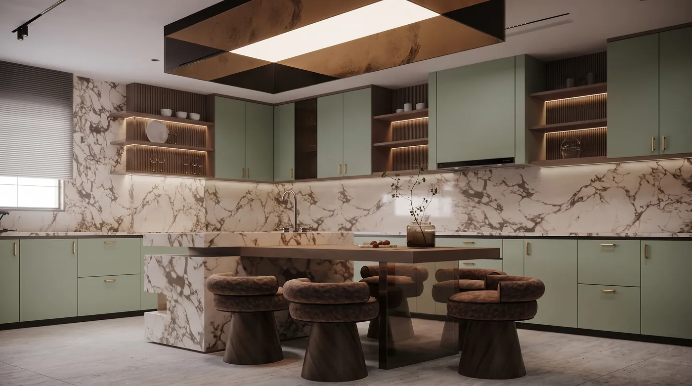 Kitchen edited by Nano Banana 2.1 with matte sage green cabinet fronts and brass pulls, keeping the white and brown marble backsplash, the marble island and the brown upholstered stools