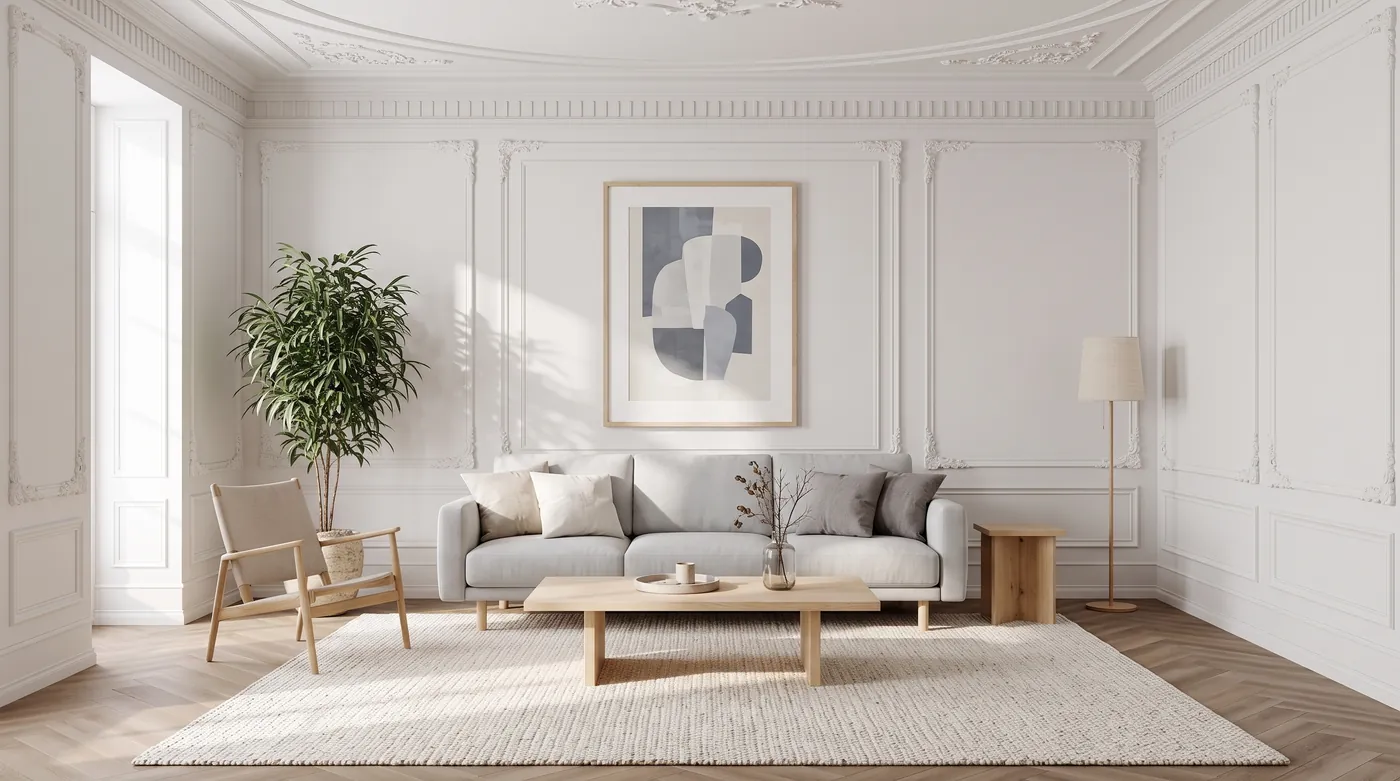 Calm Scandinavian living room rendered by Nano Banana 2.1 with white paneled walls, a pale gray sofa, a birch coffee table, a muted blue abstract print and a wool rug on a herringbone floor