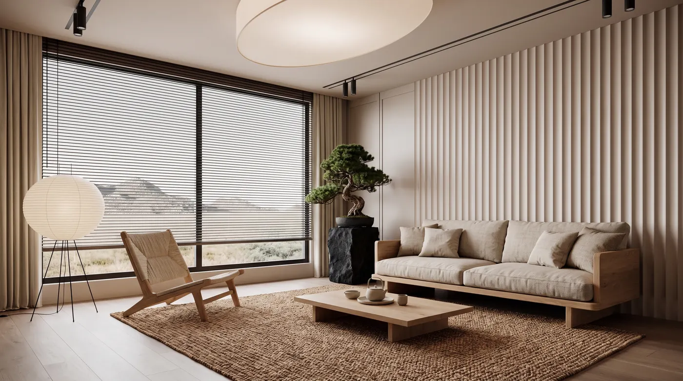 Japandi living room rendered by Nano Banana 2.1 with a low oak sofa, oatmeal linen cushions, a round paper floor lamp, a jute rug and a bonsai on a black stone plinth beside a wide window with blinds