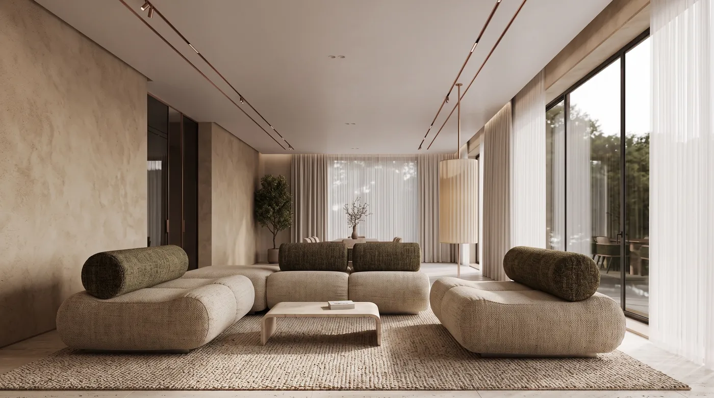 Living room restyled by Nano Banana 2.1 from a material board, with textured plaster walls, travertine and soft curved sofas, keeping the windows and ceiling of the original room