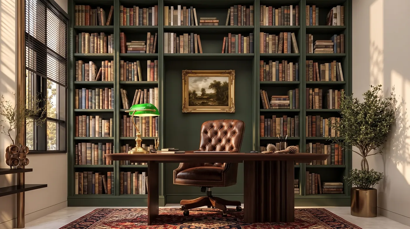 Home office turned into a library study by Nano Banana 2.1 with dark green built-in bookshelves, a tufted leather desk chair, a green banker’s lamp, a small landscape painting and a red wool rug