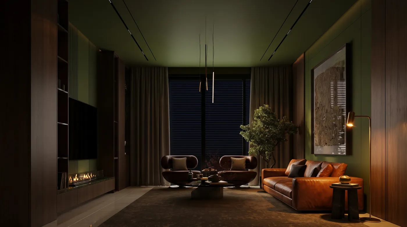 Dark moody living room rendered by Nano Banana 2.1 with olive green walls and ceiling, a cognac leather sofa, a brass floor lamp and closed blinds, lit only by lamps