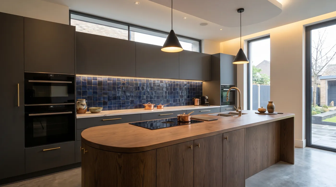 Kitchen edited by Nano Banana 2.1 with a deep blue zellige tile backsplash, a white quartz countertop and two black cone pendant lights over a curved wood island