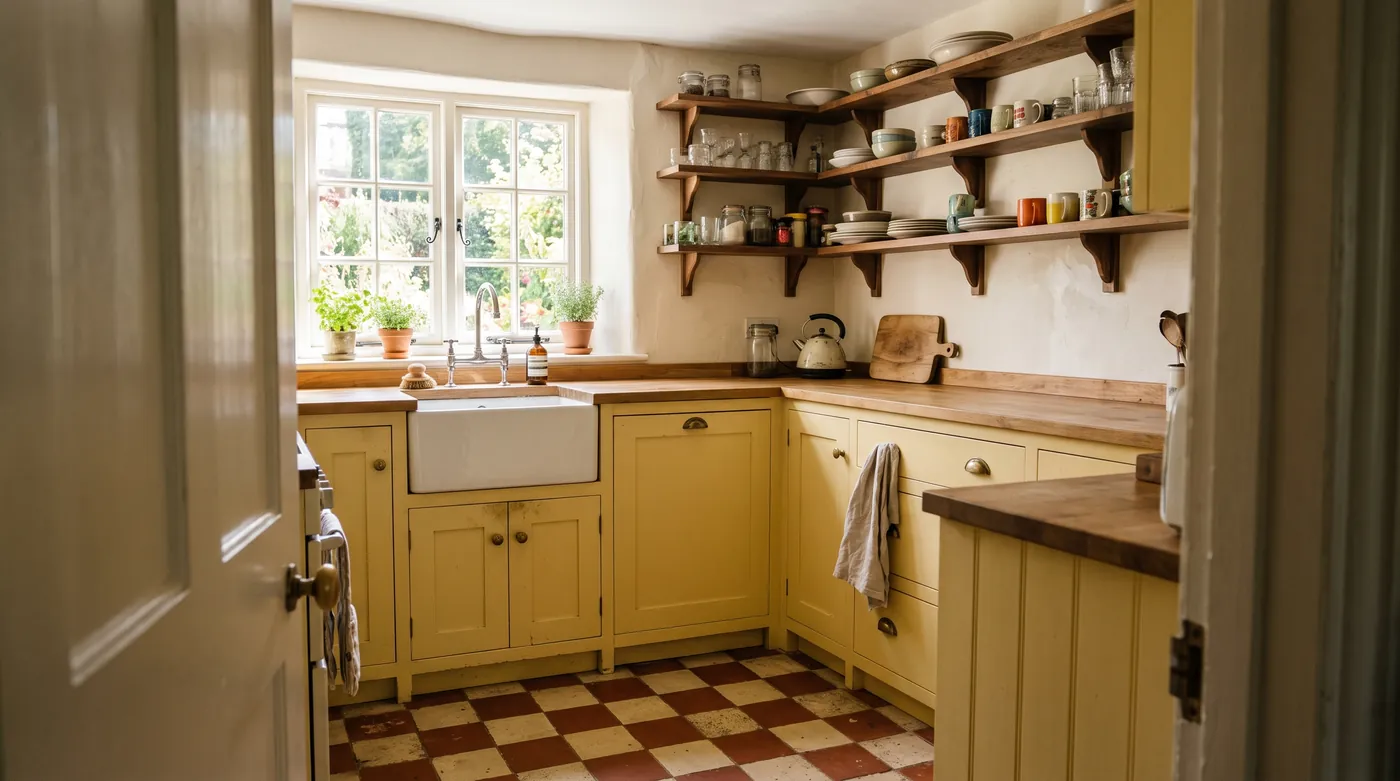 Cottage kitchen generated from text by Nano Banana 2.1 with butter yellow shaker cabinets, a cream and brick red checkerboard floor, open walnut shelves and a farmhouse sink under a window