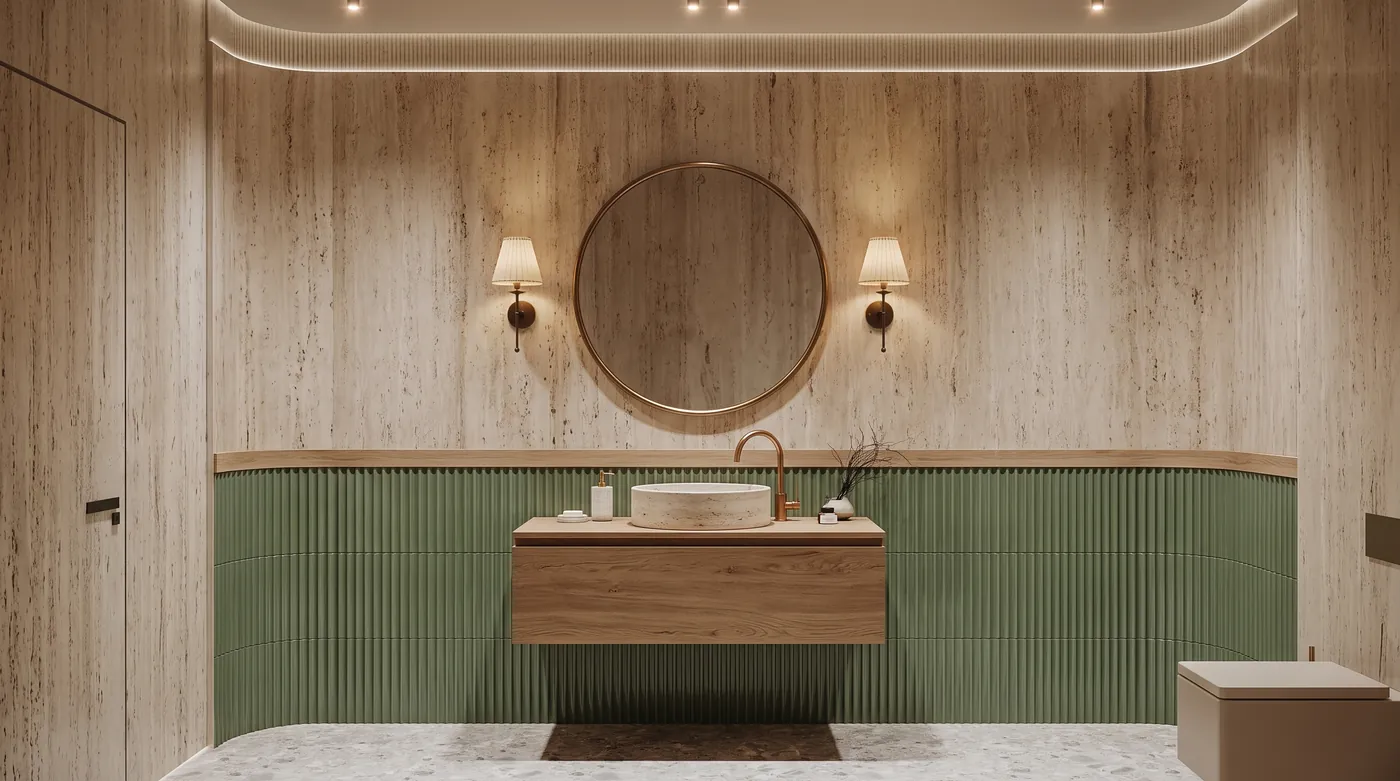 Guest powder room rendered by Nano Banana 2.1 with travertine walls, a wall-hung oak vanity with one vessel sink, a round mirror between two pleated shade sconces and fluted green tile below a chair rail