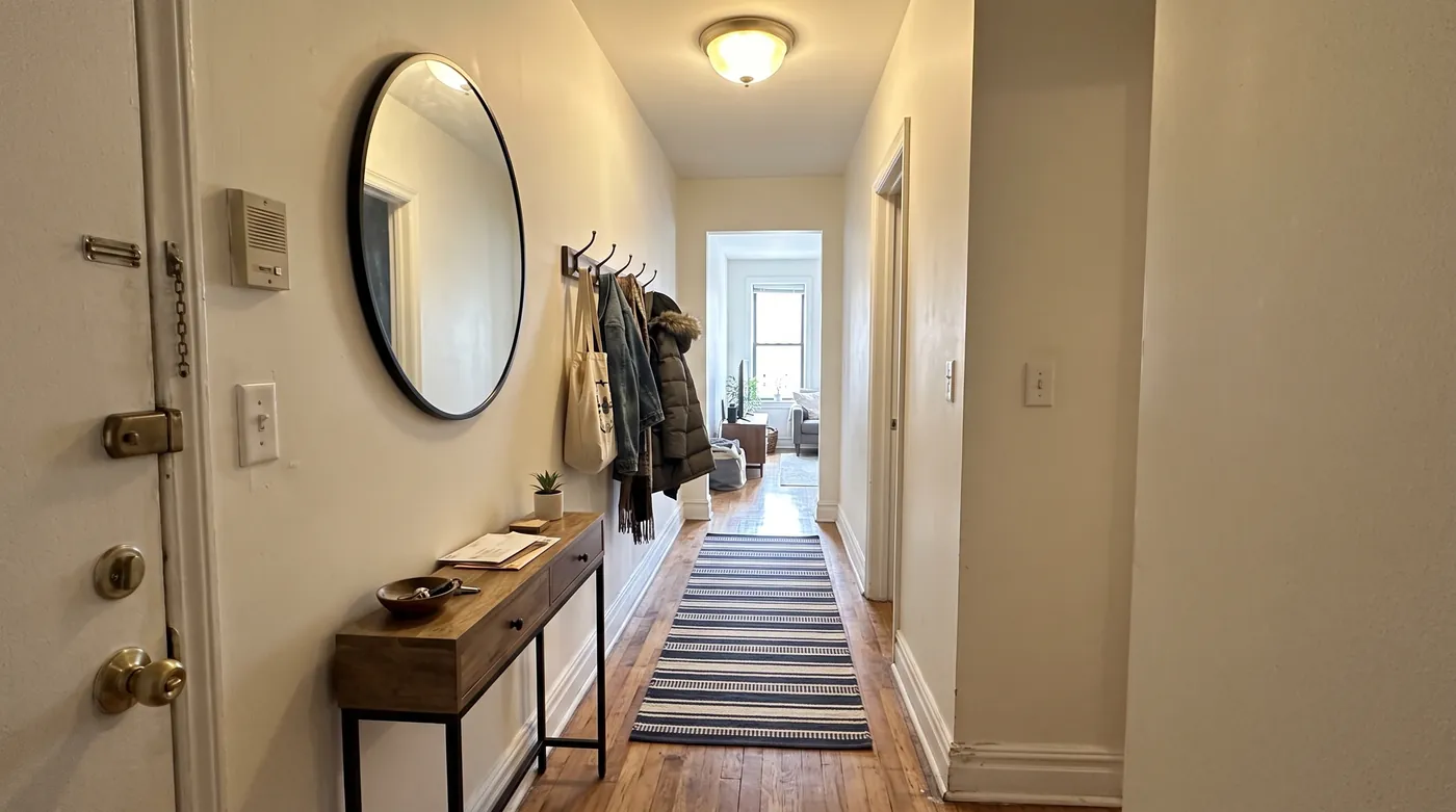 Narrow apartment entry hallway generated from text by Nano Banana 2.1 with a shallow console, a round mirror, four coat hooks and a striped runner rug, seen from the front door