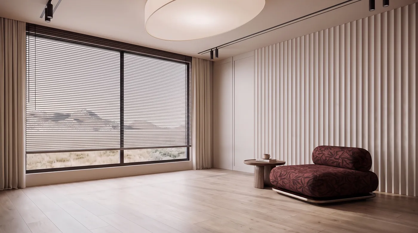 A patterned burgundy chaise placed by Nano Banana 2.1 into the empty Japandi living room in front of the slatted wall, with a new round side table