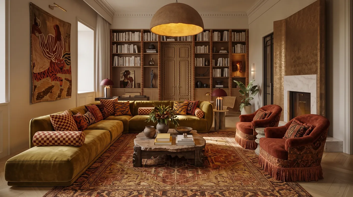 Living room restyled by Nano Banana 2.1 in the style of a second room, with an ochre velvet sectional, fringed red armchairs, a patterned rug and a tiger tapestry, keeping the fireplace and bookcases
