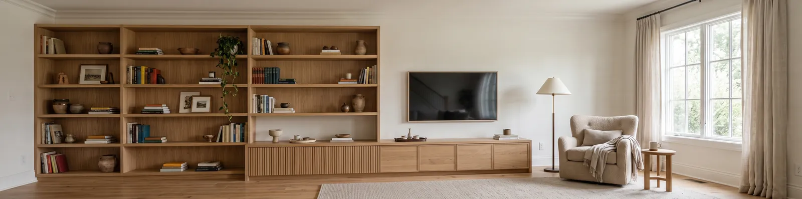 Panoramic 4 to 1 render by Nano Banana 2.1 of one long living room wall with built-in white oak shelving, a low media console, a reading chair with a floor lamp and a tall window