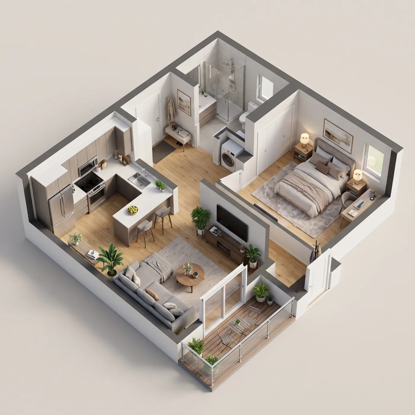 Top-down 3D cutaway render by Nano Banana 2.1 of a furnished one-bedroom apartment with an open kitchen and living room, a bedroom, a bathroom and a small balcony