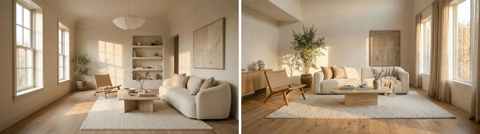 The same warm minimalist living room prompt rendered by Nano Banana 2.1 at thinking minimal in 9.2 seconds and at thinking high in 16.0 seconds