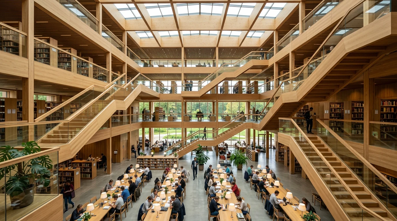 Wide-angle AI render of a four-storey timber library atrium with oak stairs and a large skylight, generated by Nano Banana