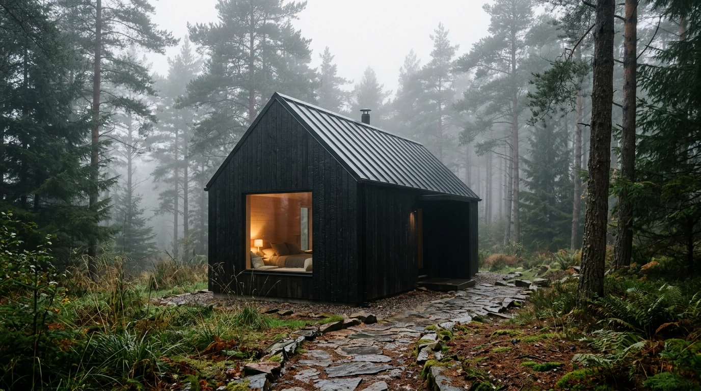 AI render of a black charred-timber cabin with a glowing picture window in a foggy pine forest, generated by Nano Banana