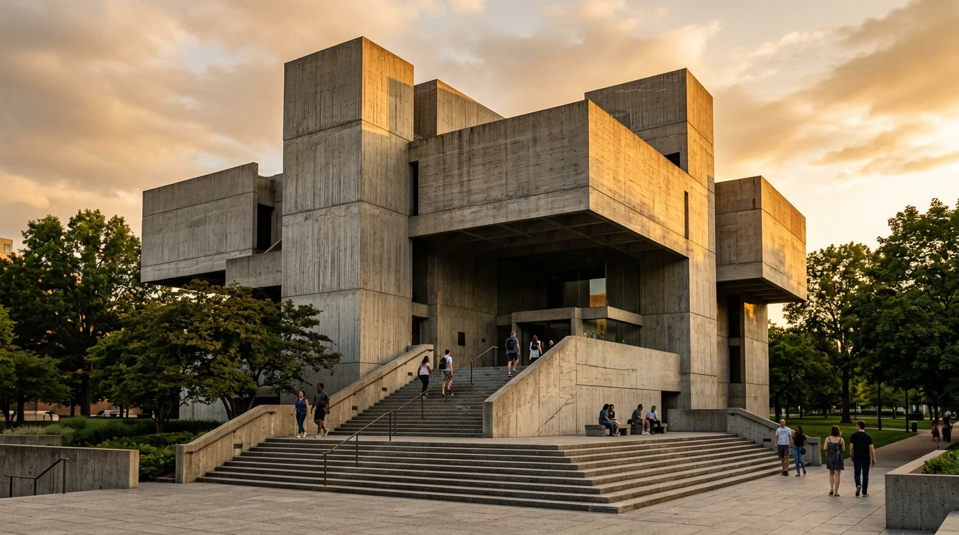 Golden-hour AI render of a monolithic brutalist concrete museum with a wide public staircase, generated by Nano Banana