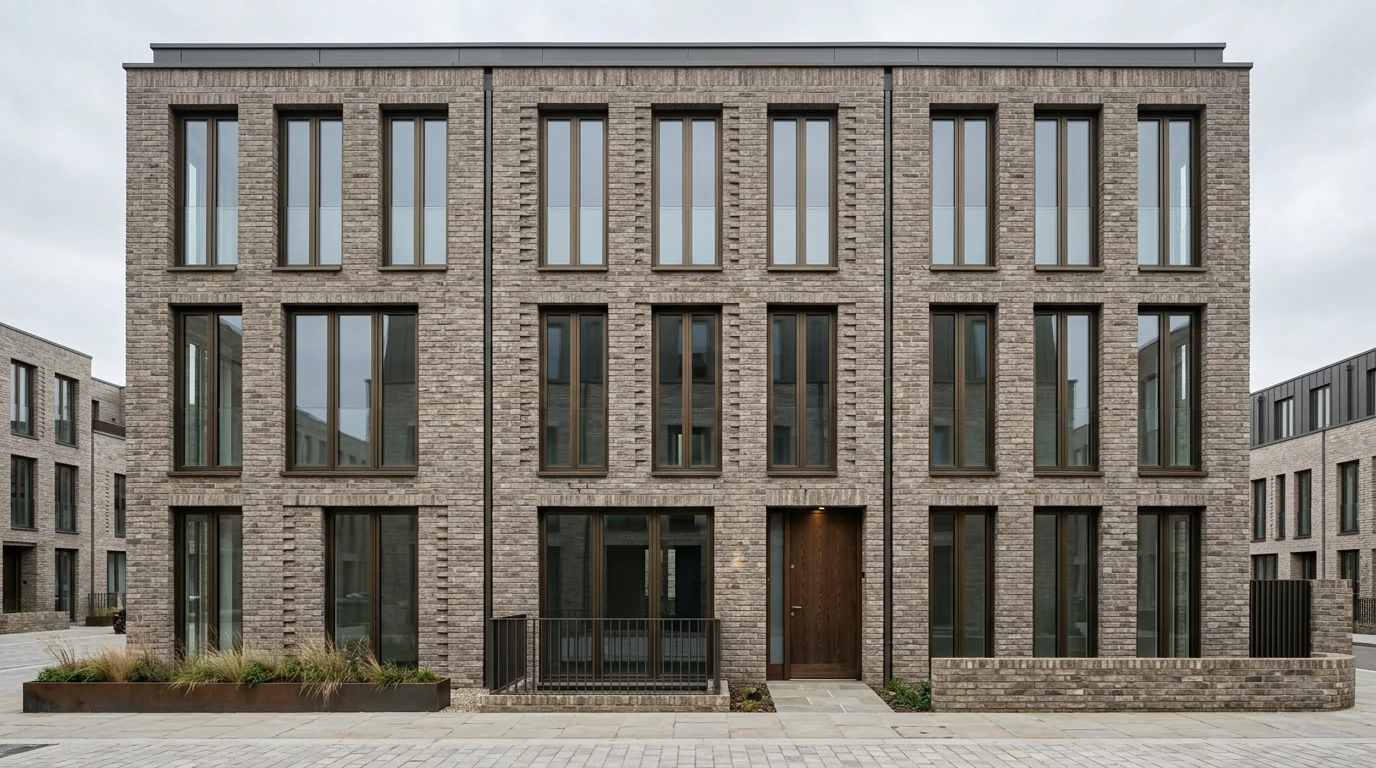 Straight-on AI render of a modern grey brick townhouse facade with bronze-framed windows, generated by Nano Banana