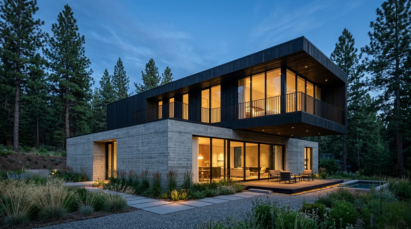Photorealistic AI render of a contemporary concrete and charred-timber house at dusk with glowing floor-to-ceiling glazing, generated by Nano Banana