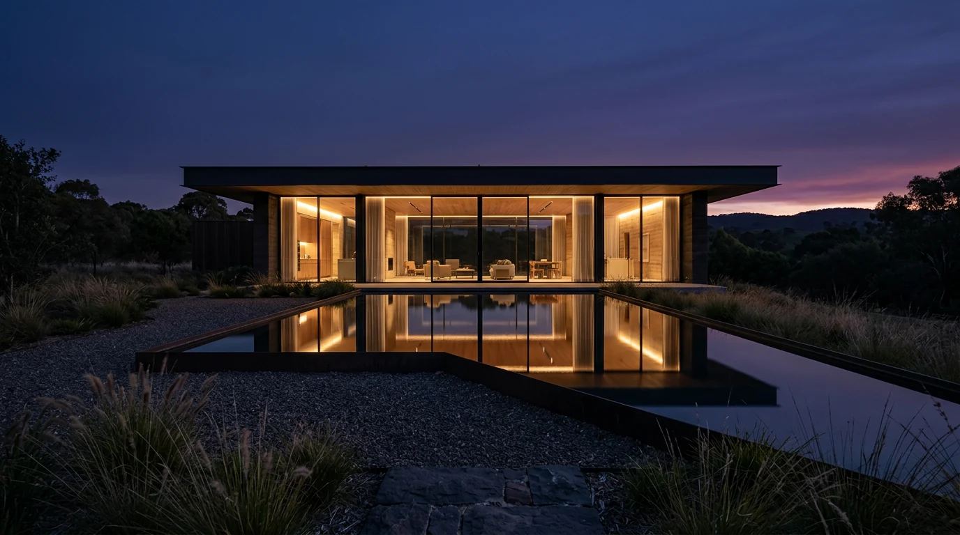 Twilight AI render of a minimalist villa with softly lit glazing mirrored in a long reflecting pool, generated by Nano Banana
