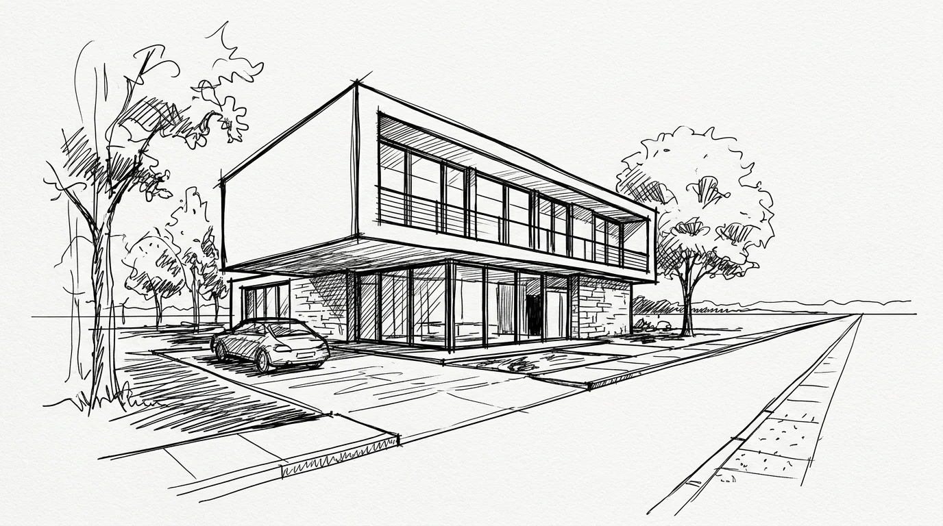 Black ink architectural concept sketch of a modern cantilevered house, generated by Nano Banana