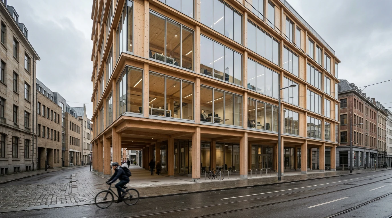 Street-level AI render of a mass timber office building with exposed glulam frame and a recessed colonnade on an overcast morning, generated by Nano Banana