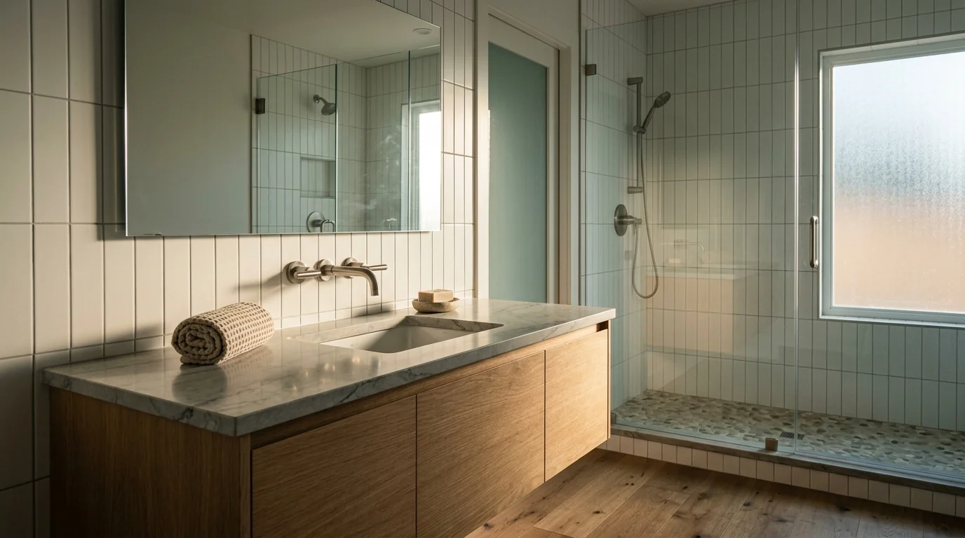Staged listing bathroom with floating oak vanity, stone top, frameless mirror and walk in shower, soft side light and a long tap shadow across the stone