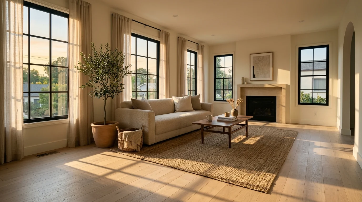 Photorealistic AI render of a staged living room in a vacant listing with low golden sun casting long window shadows across pale oak floor