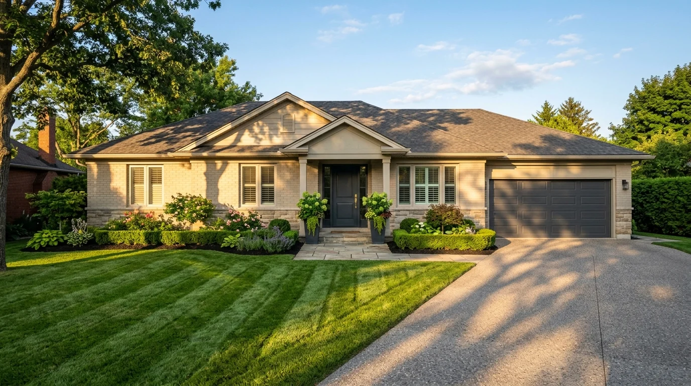 Daytime curb appeal photo of a single storey ranch house with mown lawn stripes, fresh mulch, trimmed hedges and long afternoon tree shadows
