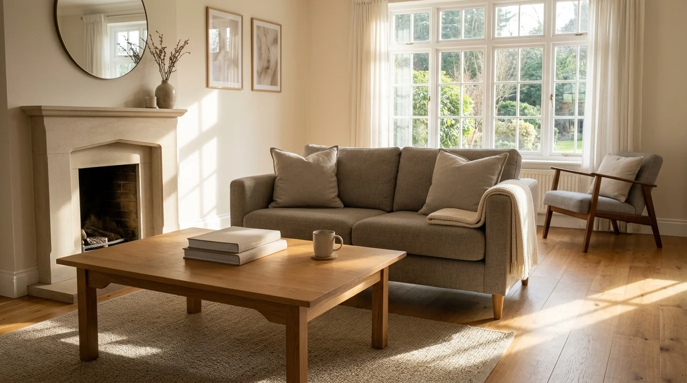 AI decluttered occupied living room with plumped cushions, folded throw and bare coffee table, strong afternoon sun across an empty clean floor