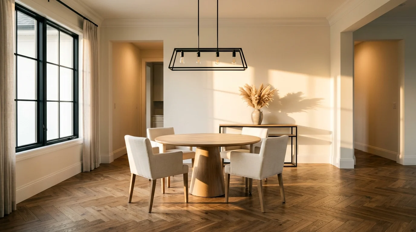 AI staged dining room with round oak pedestal table and cream chairs under a black linear pendant, long chair leg shadows across herringbone floor