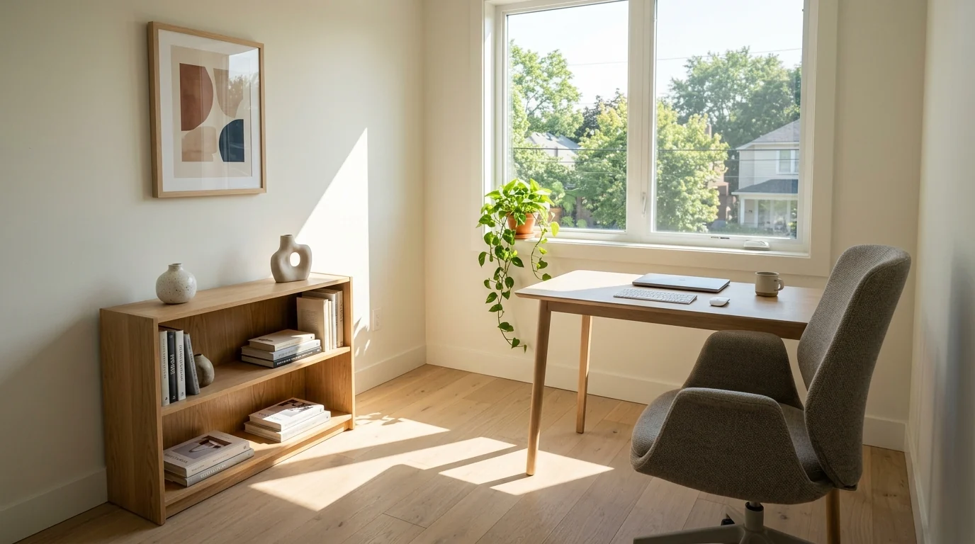 AI staged home office in a small spare bedroom with slim oak desk facing the window, grey chair and low bookshelf, hard morning light