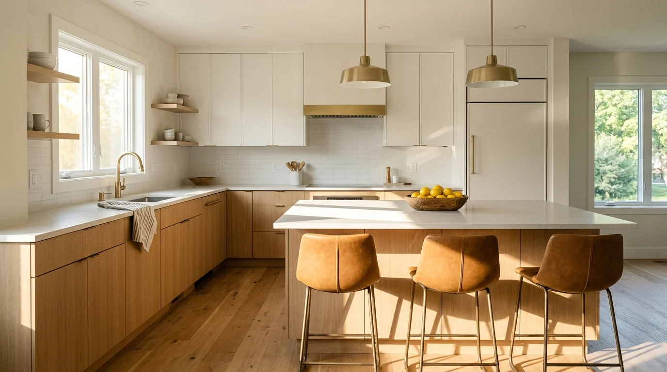 Staged kitchen with white oak lower cabinets, quartz island, three leather counter stools and hard morning sun laying a bright rectangle across the island