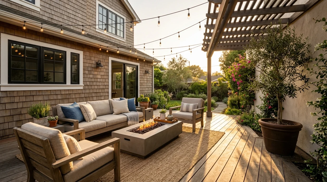 Staged backyard patio at golden hour with teak outdoor sofa, concrete fire table, pergola and string lights, long slat shadows across the deck