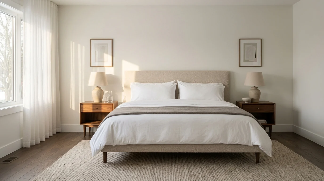 AI staged primary bedroom with king bed, oatmeal headboard, matching walnut nightstands and lamps, soft morning light through sheer curtains