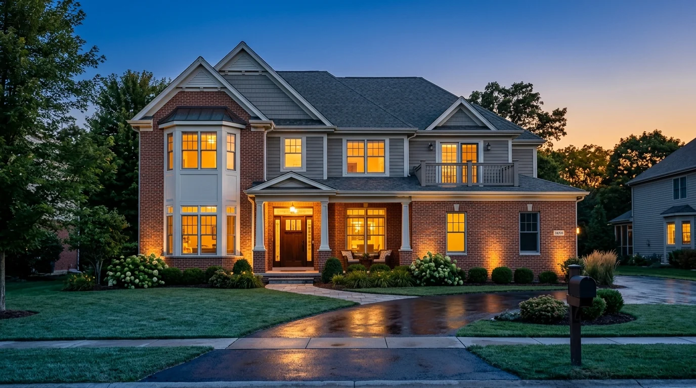 Twilight real estate exterior of a two storey brick and grey home with amber glowing windows, landscape uplighting and a reflective driveway under a cobalt sky