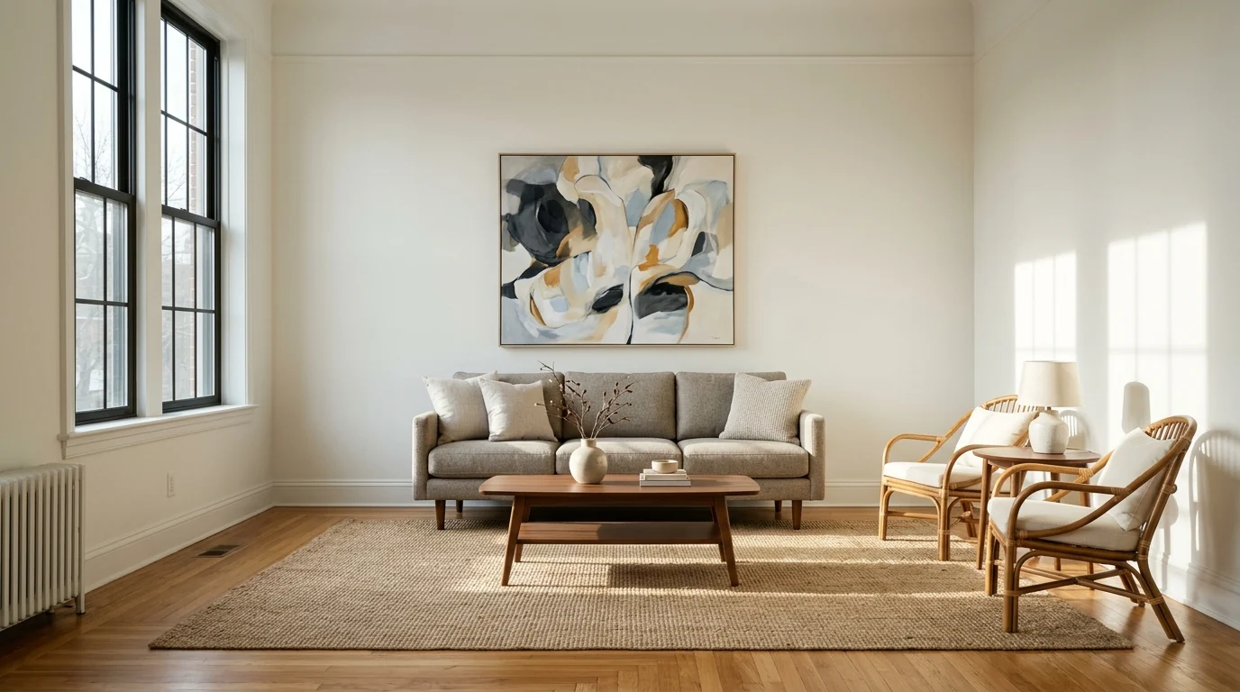 AI staged vacant living room with greige sofa, rattan chairs and flatweave rug, hard morning sun casting long window mullion shadows across the floor