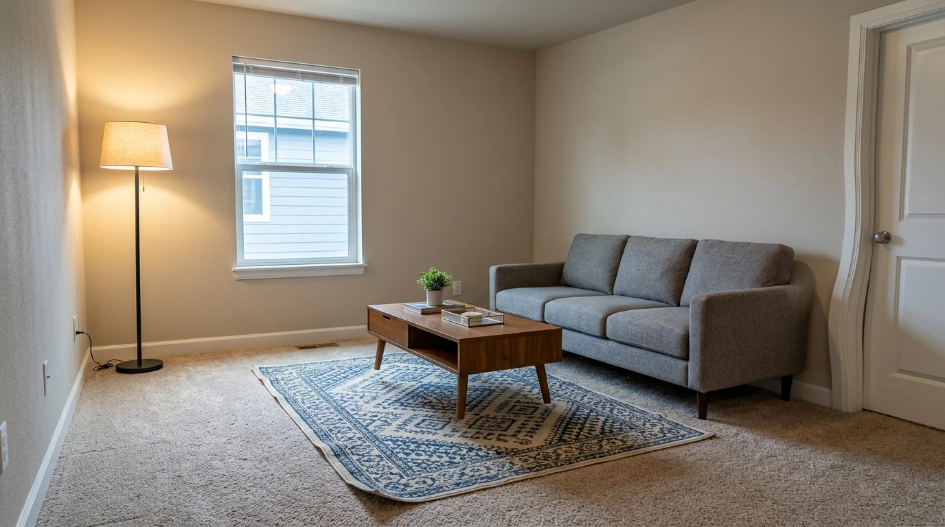 AI staged living room showing typical artefacts: a bowed door casing on the right, a floor lamp lit warm against cool daylight, and furniture with weak contact shadows