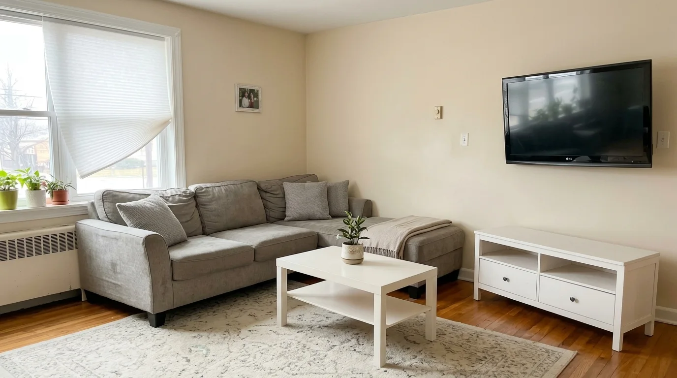 The same living room decluttered and staged for a real estate listing by Nano Banana: same grey sectional and white furniture, clutter and cables removed, walls repaired