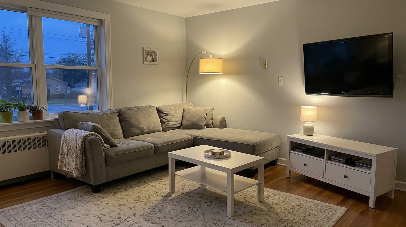 The same living room converted to a tidy evening scene by Nano Banana, dusk outside the window, warm floor lamp and table lamp as the only light sources