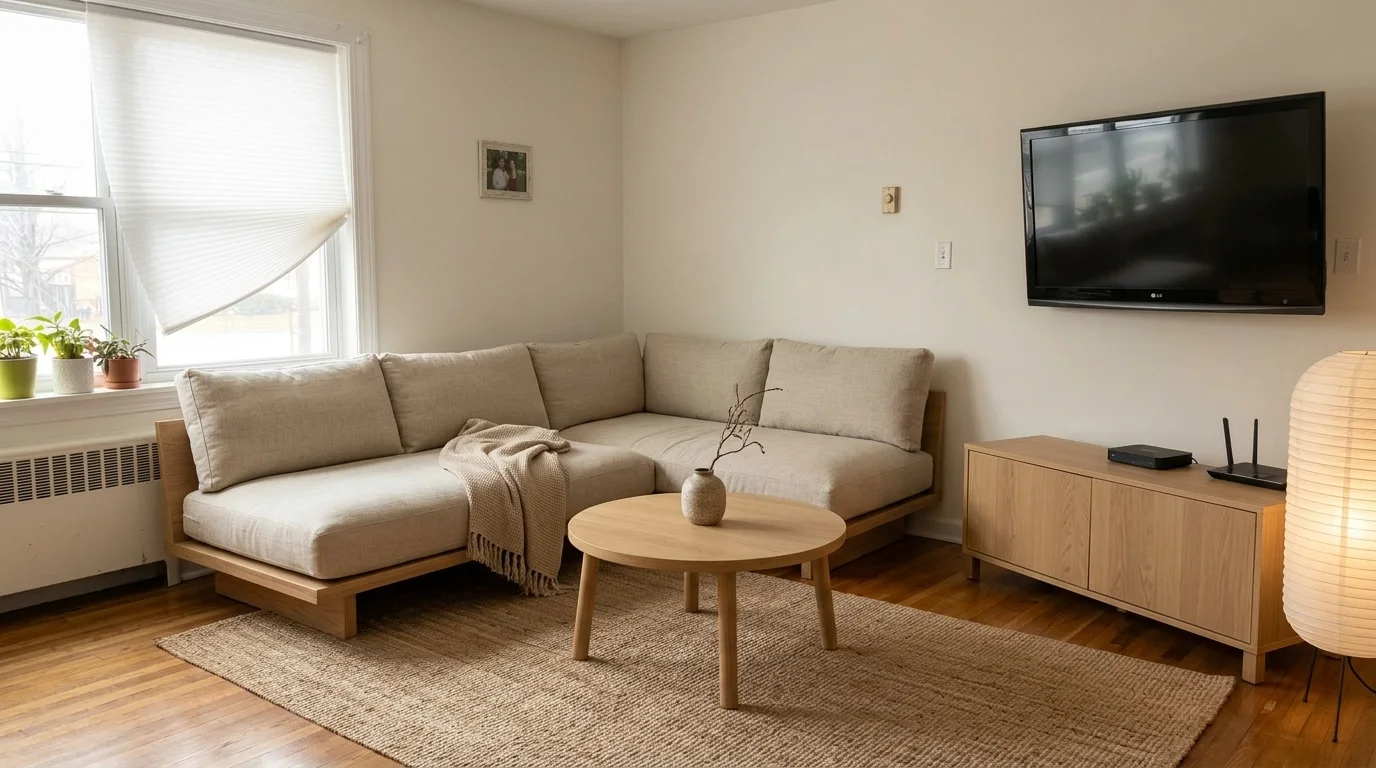 The same living room after a Nano Banana image-to-image edit: Japandi style with light oak platform sofa, round oak coffee table, oak media console, jute rug, and paper floor lamp, window and TV in their original positions