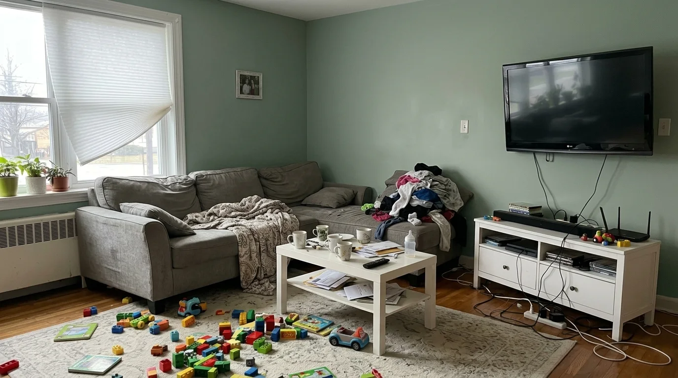 The same cluttered living room with only the walls repainted sage green by Nano Banana, every piece of furniture, the toys and the laundry pile left untouched