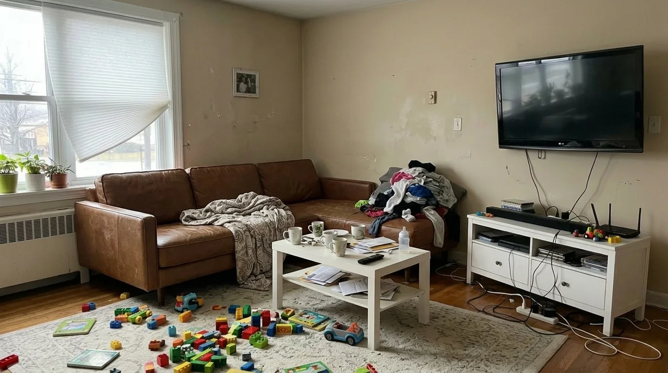 The same living room with only the grey sectional replaced by a cognac leather sofa via Nano Banana, toys, laundry, and every other object left exactly in place